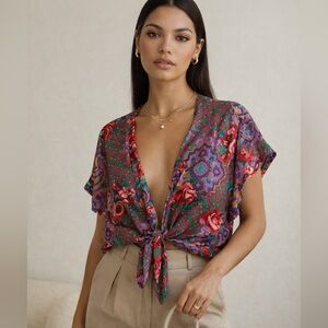 Vintage Victoria’s Secret Tie Front Sheer Floral Paisley Boho Blouse OS